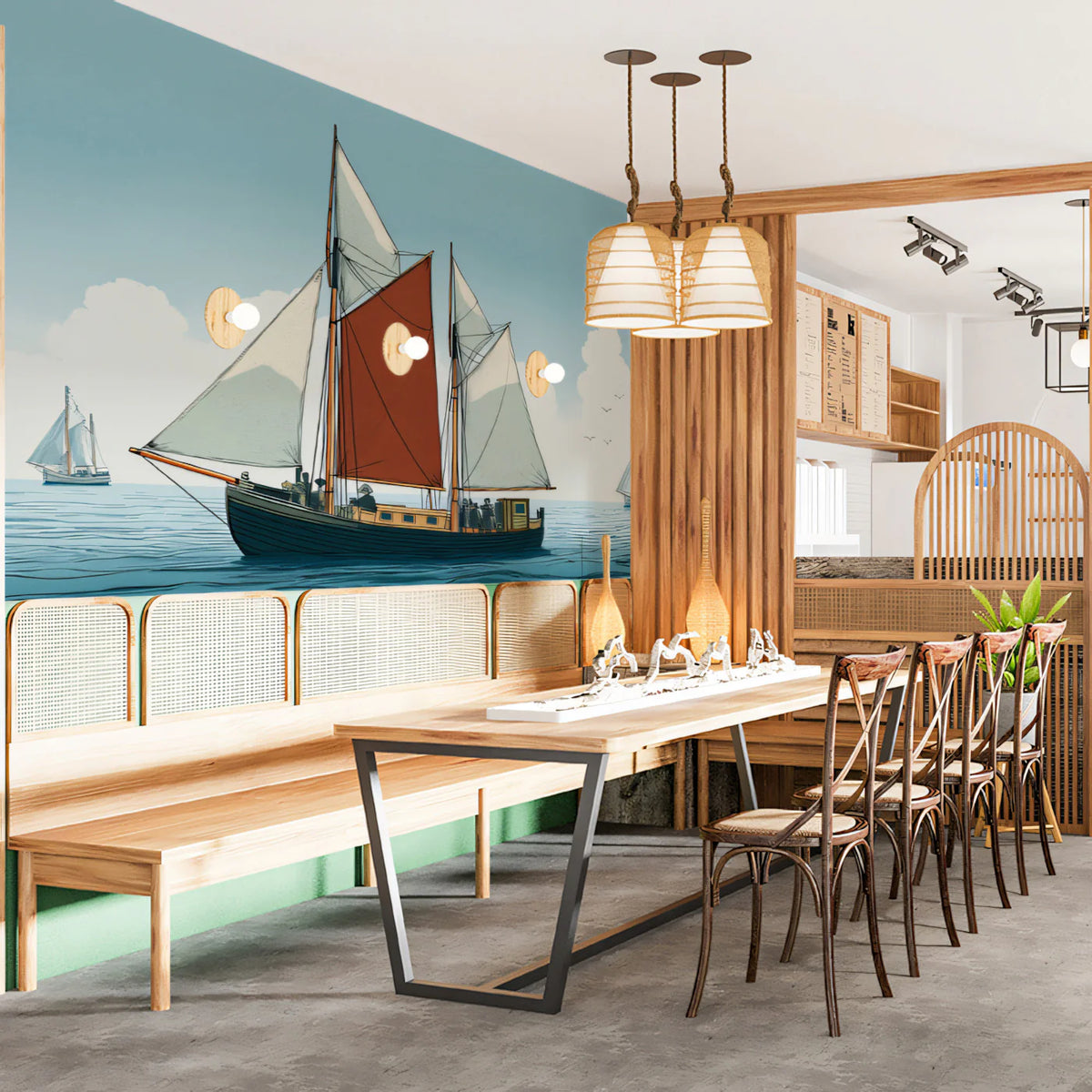 Nautical Sloop Sailboat Mural Wallpaper — Classic Maritime Illustration Mural Wallpaper - room preview 02