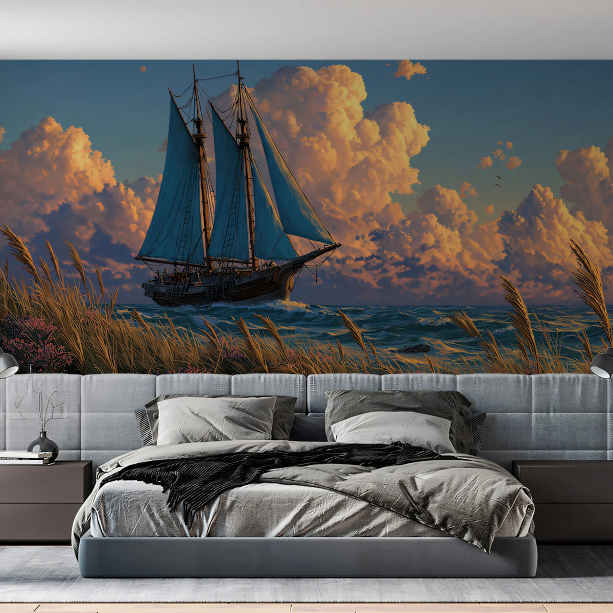 Coastal Schooner Sunset Mural Wallpaper — Dreamy Marine Horizon Mural Wallpaper - room preview 02