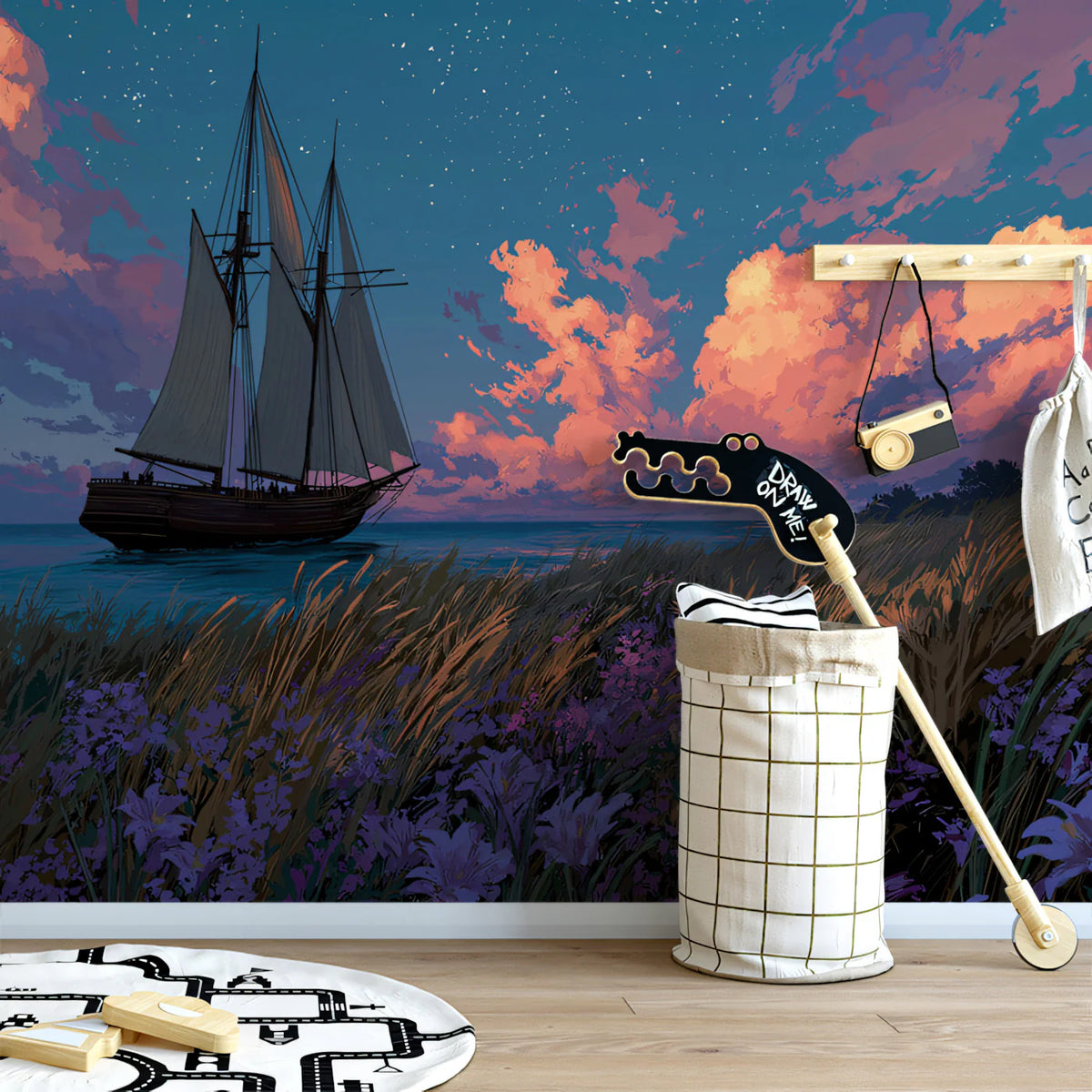 Twilight Sailing Schooner Mural Wallpaper — Artistic Coastal Scene Mural Wallpaper - room preview 02