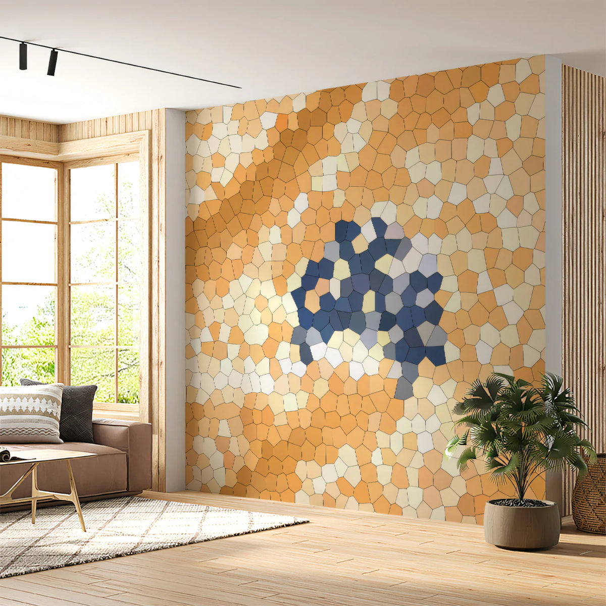 Stained Glass Mosaic Mural Wallpaper — Warm Amber Geometric Design Mural Wallpaper - room preview 02