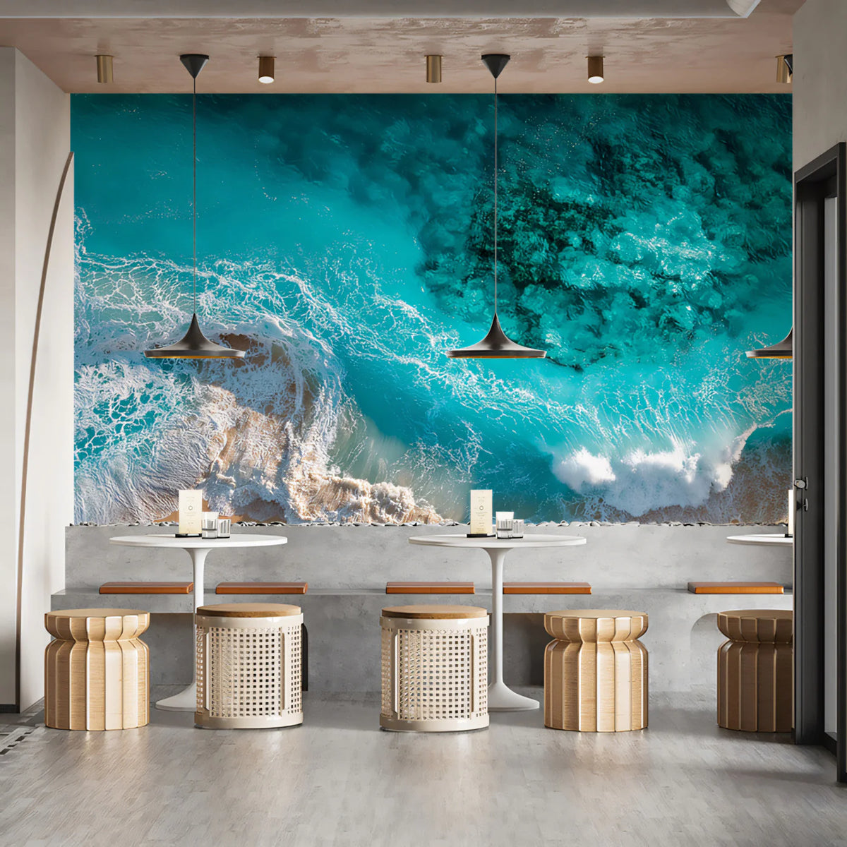 Aerial Ocean Waves Mural Wallpaper —Tropical Coastal Scene Mural Wallpaper - room preview 02