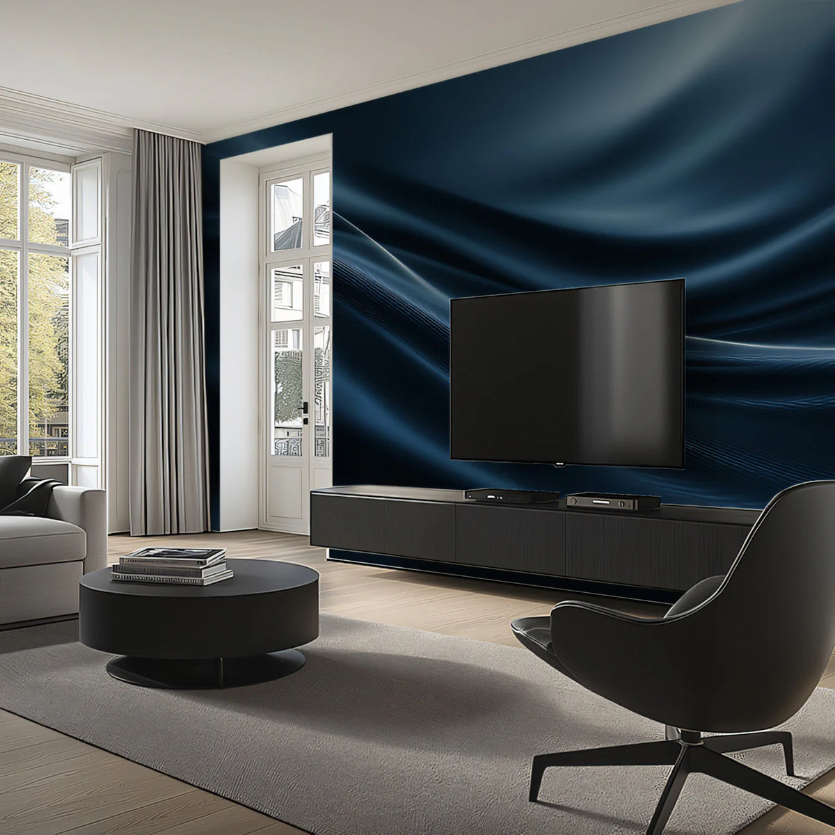 Fluid Indigo Wave Mural Wallpaper — Smooth Abstract Silk Effect Mural Wallpaper - room preview 02