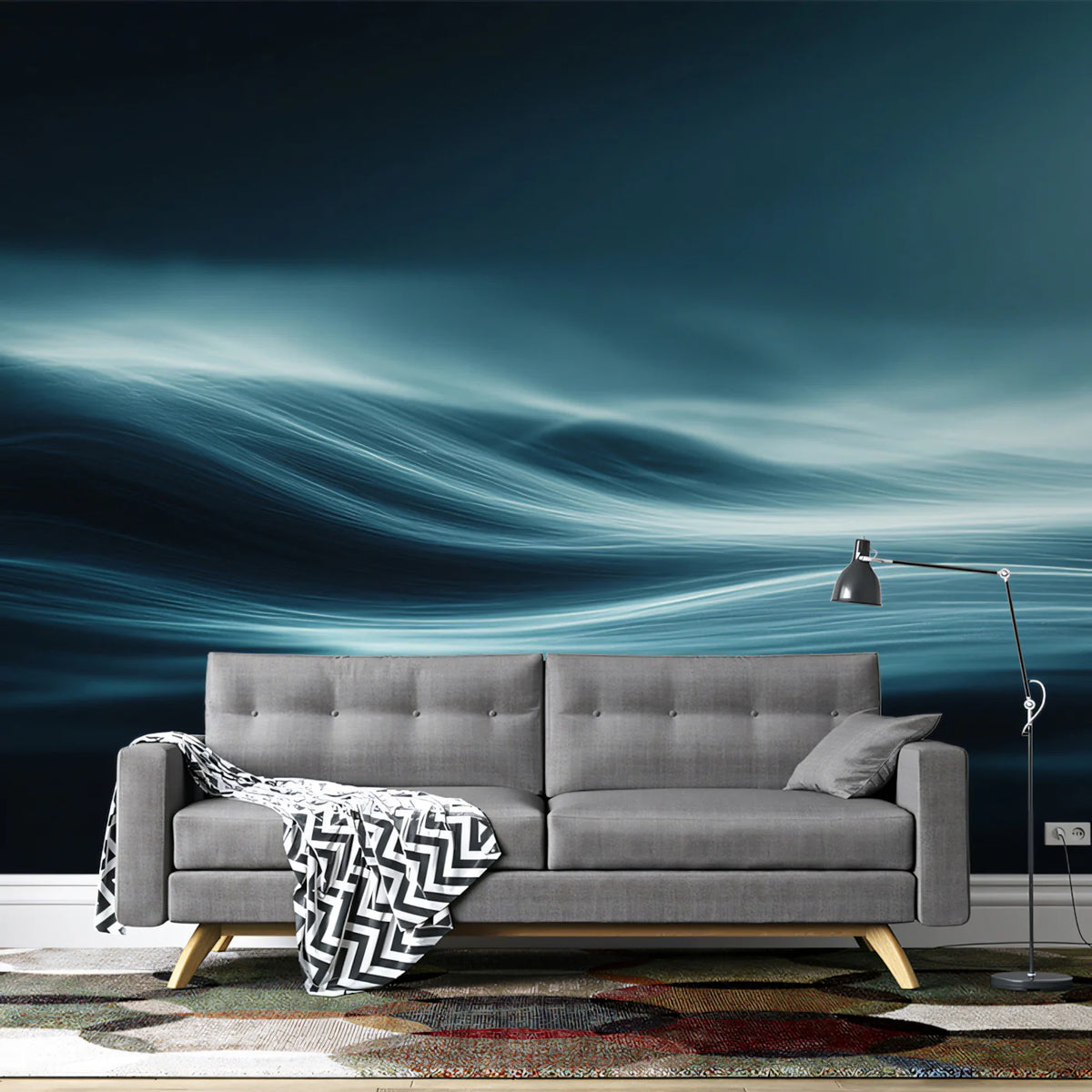 Abstract Fluid Wave Mural Wallpaper — Modern Dark Teal Seascape Mural Wallpaper - room preview 02