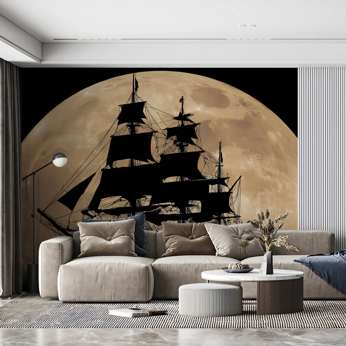 Full Moon Pirate Ship Mural Wallpaper — Cinematic Nautical Drama Mural Wallpaper - room preview 02
