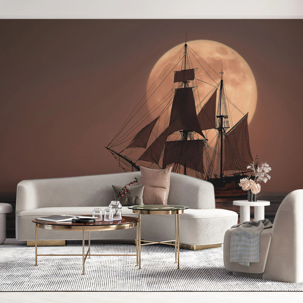 Full Moon Sailing Ship Mural Wallpaper — Romantic Seascape Design Mural Wallpaper - room preview 02