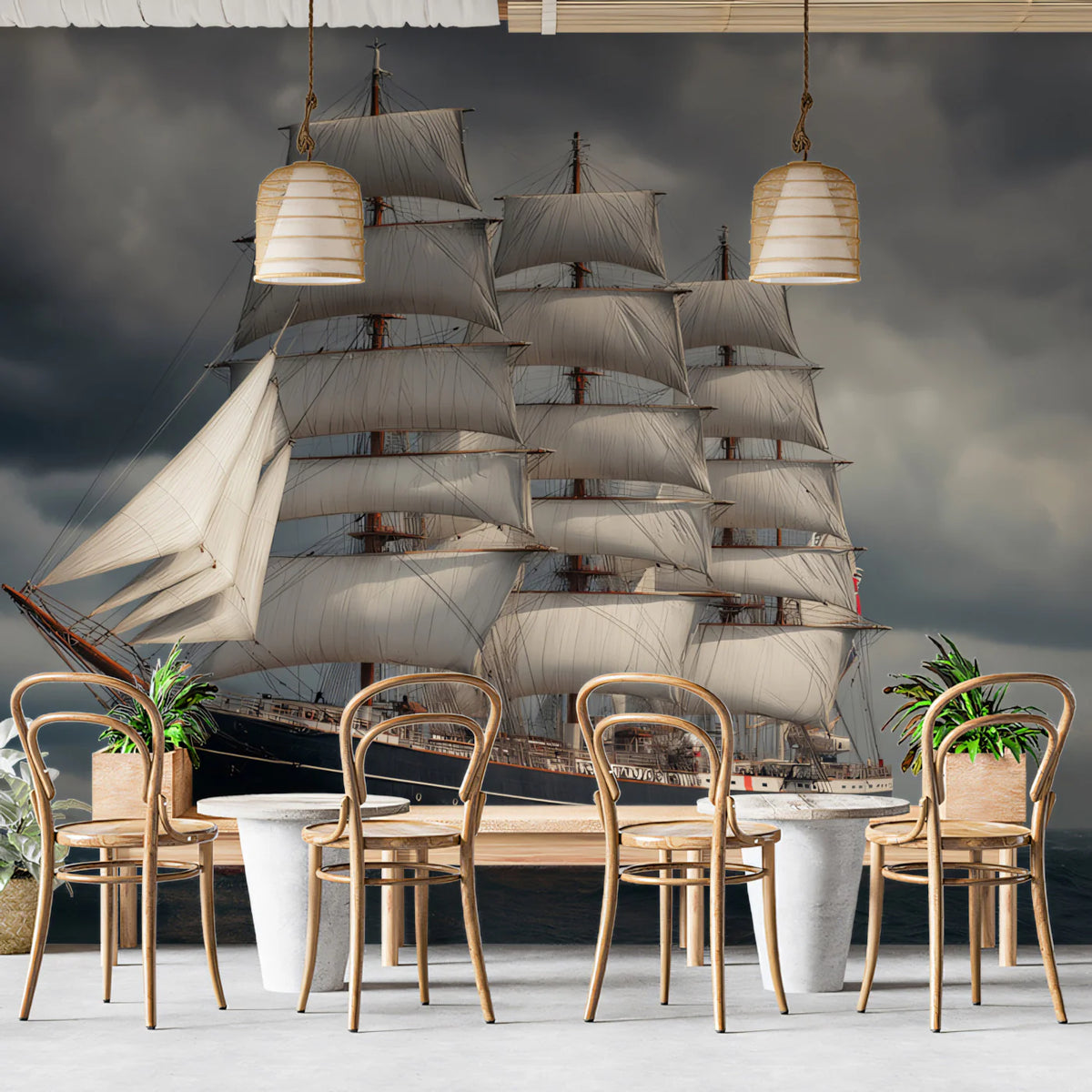 Full-Rigged Ship Stormy Sea Mural Wallpaper — Cinematic Marine Art Mural Wallpaper - room preview 02