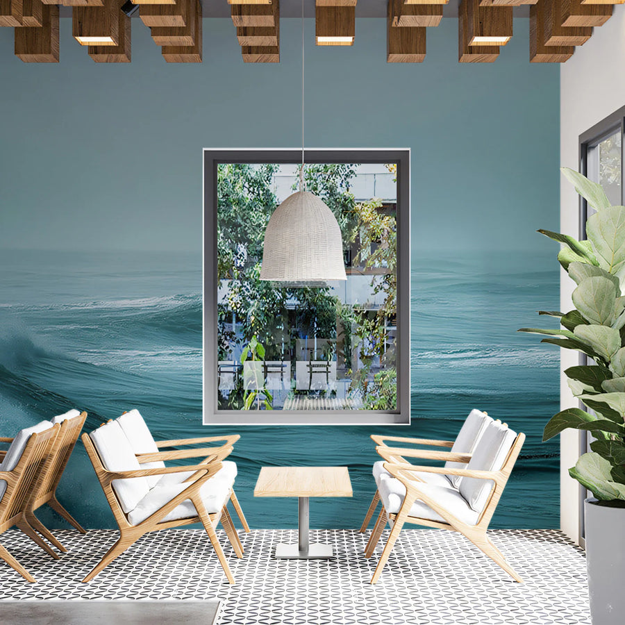 Sea Wallpaper Mural – Ocean Wall Mural – Misty Ocean Wave — Calm Teal Seascape