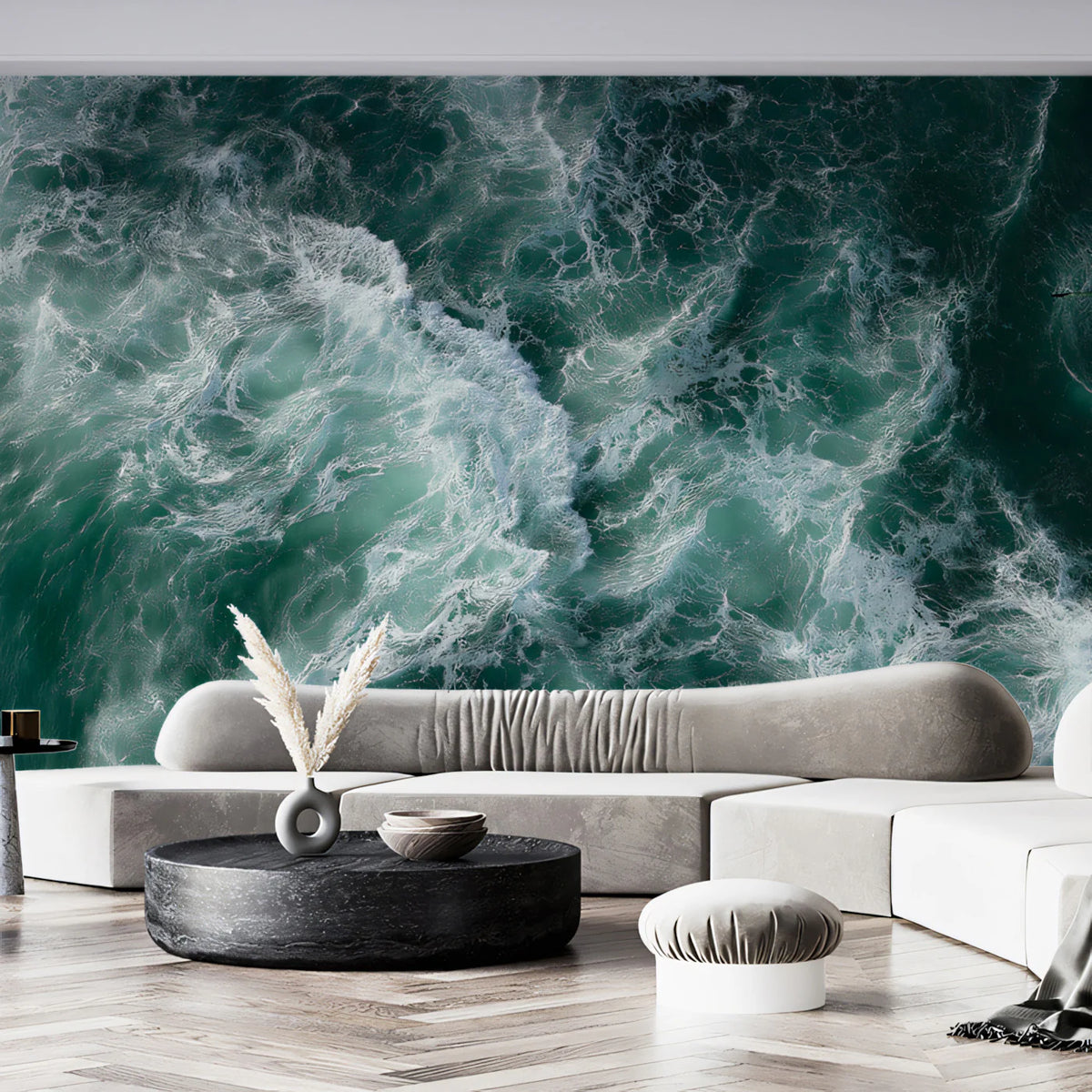 Aerial Ocean Wave Mural Wallpaper — Moody Deep Teal Seascape Mural Wallpaper - room preview 02