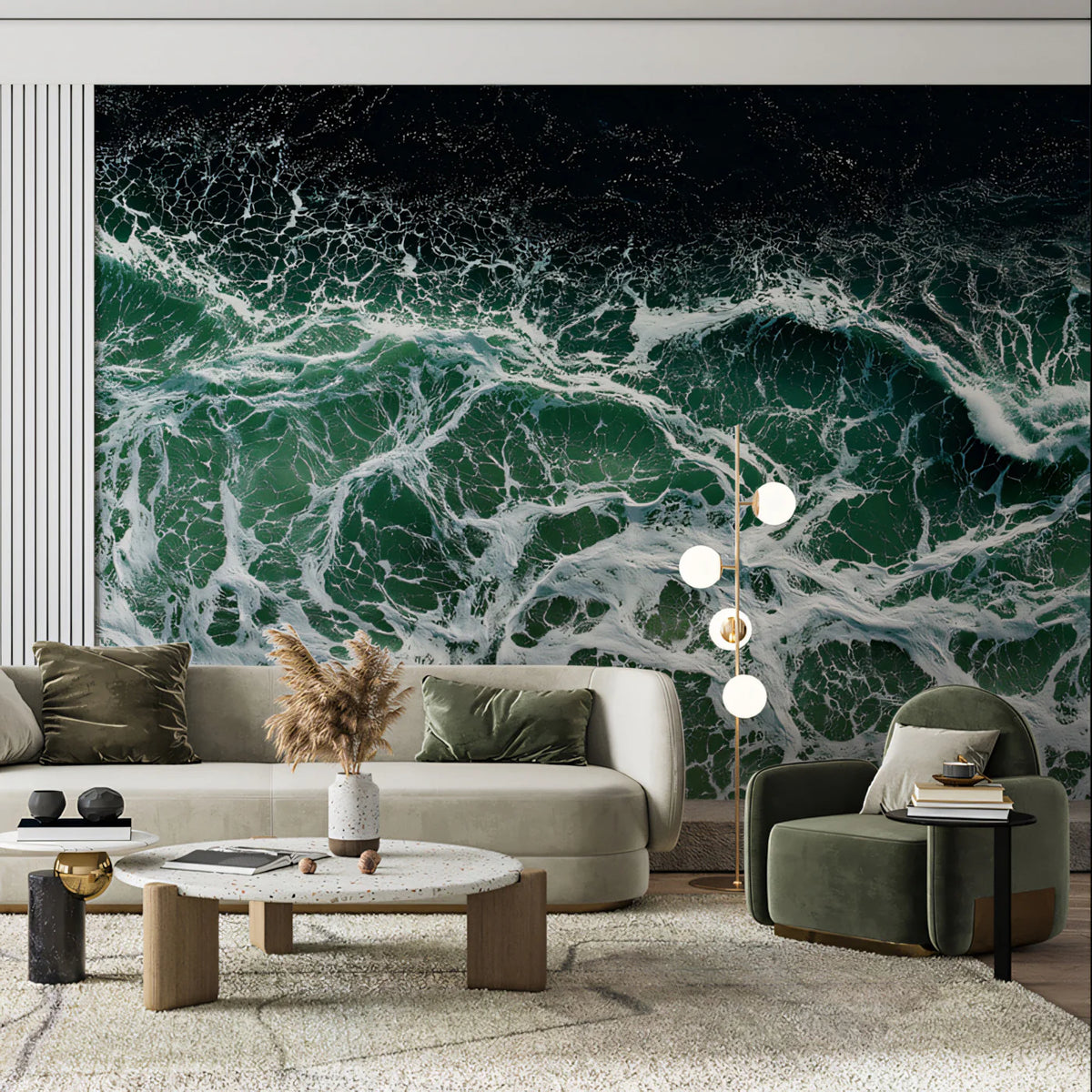 Aerial Ocean Wave Mural Wallpaper — Moody High Contrast Sea Foam Mural Wallpaper - room preview 02