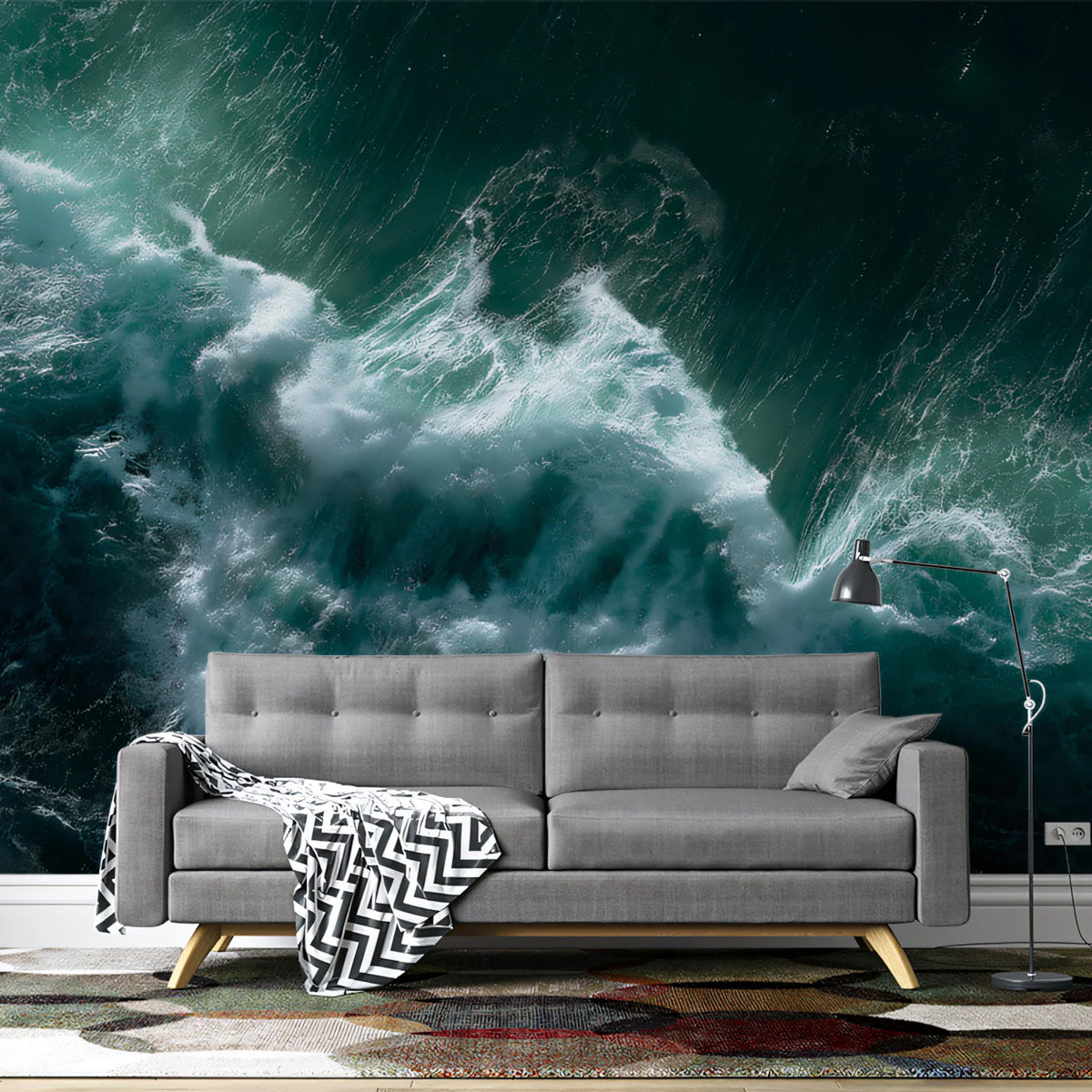 Turbulent Ocean Aerial Mural Wallpaper —Deep Teal Wave Swirls Mural Wallpaper - room preview 02
