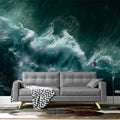 Turbulent Ocean Aerial Mural Wallpaper —Deep Teal Wave Swirls Mural Wallpaper - room preview 02