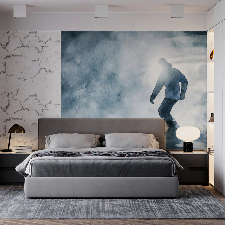 Snowboarder-Silhouette-Wandbild – Wandbild mit alpiner Kunst in stimmungsvollen Aquarellfarben