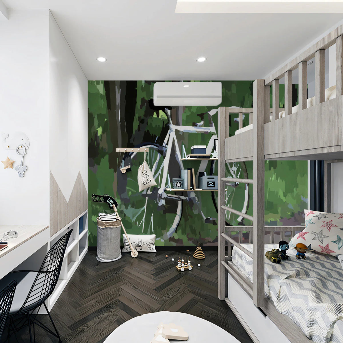 Abstract Forest Bicycle Mural Wallpaper — Modern Nature Graphic Mural Wallpaper - room preview 02