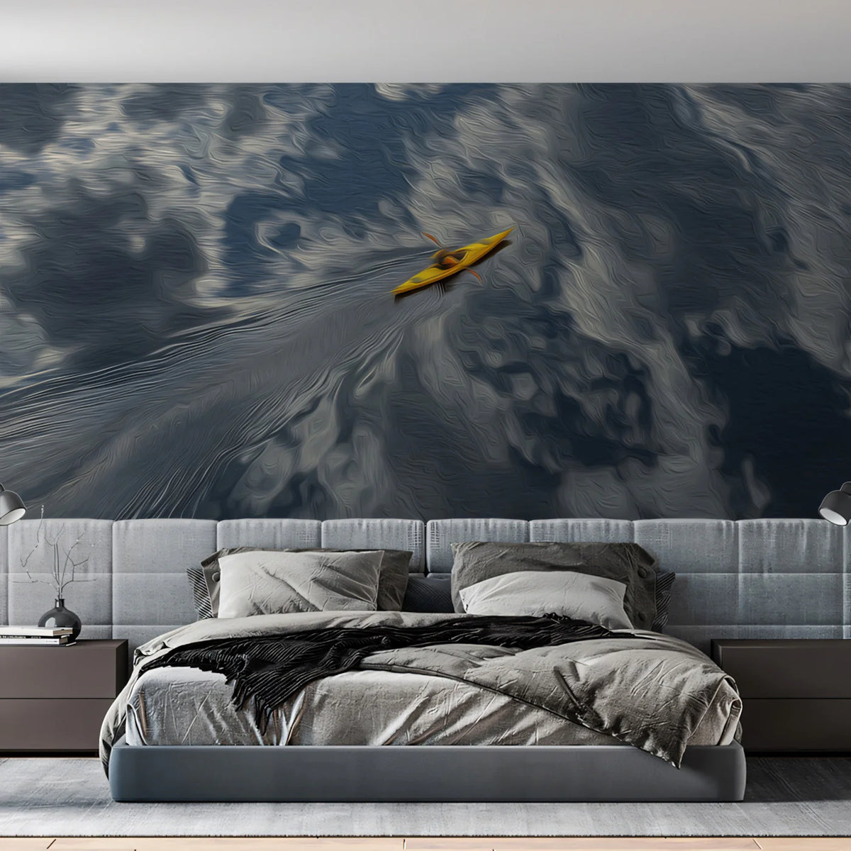Lone Kayaker Oil Painting Mural Wallpaper — Expressive Water Swirls Mural Wallpaper - room preview 02