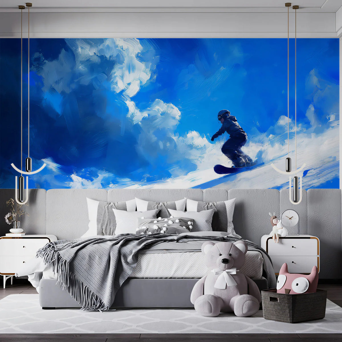 Snowboarder Brushstroke Mural Wallpaper — Energetic Blue Art Mural Wallpaper - room preview 02