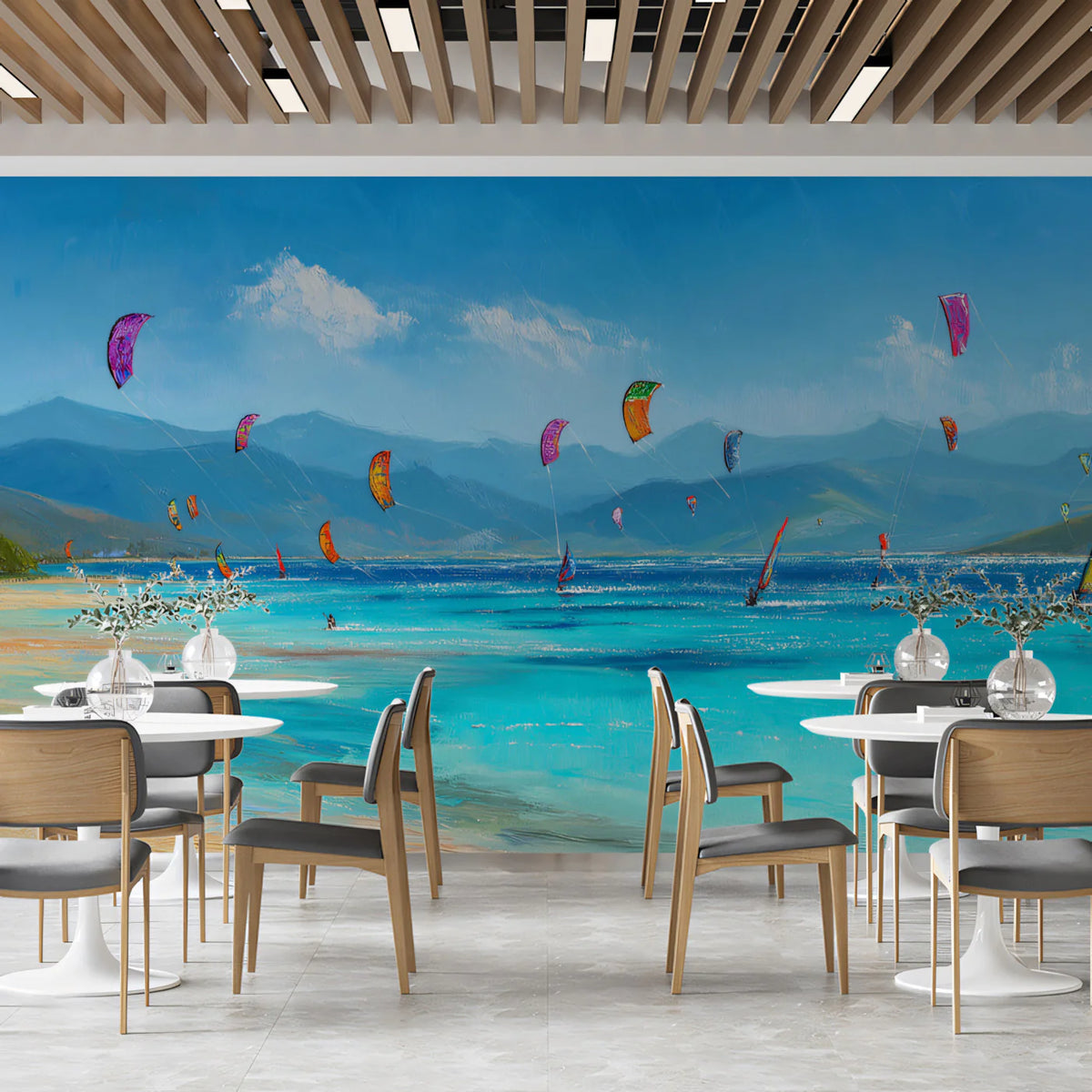 Kite Surfing Coastal Mural Wallpaper — Expressionist Seascape Mural Wallpaper - room preview 02