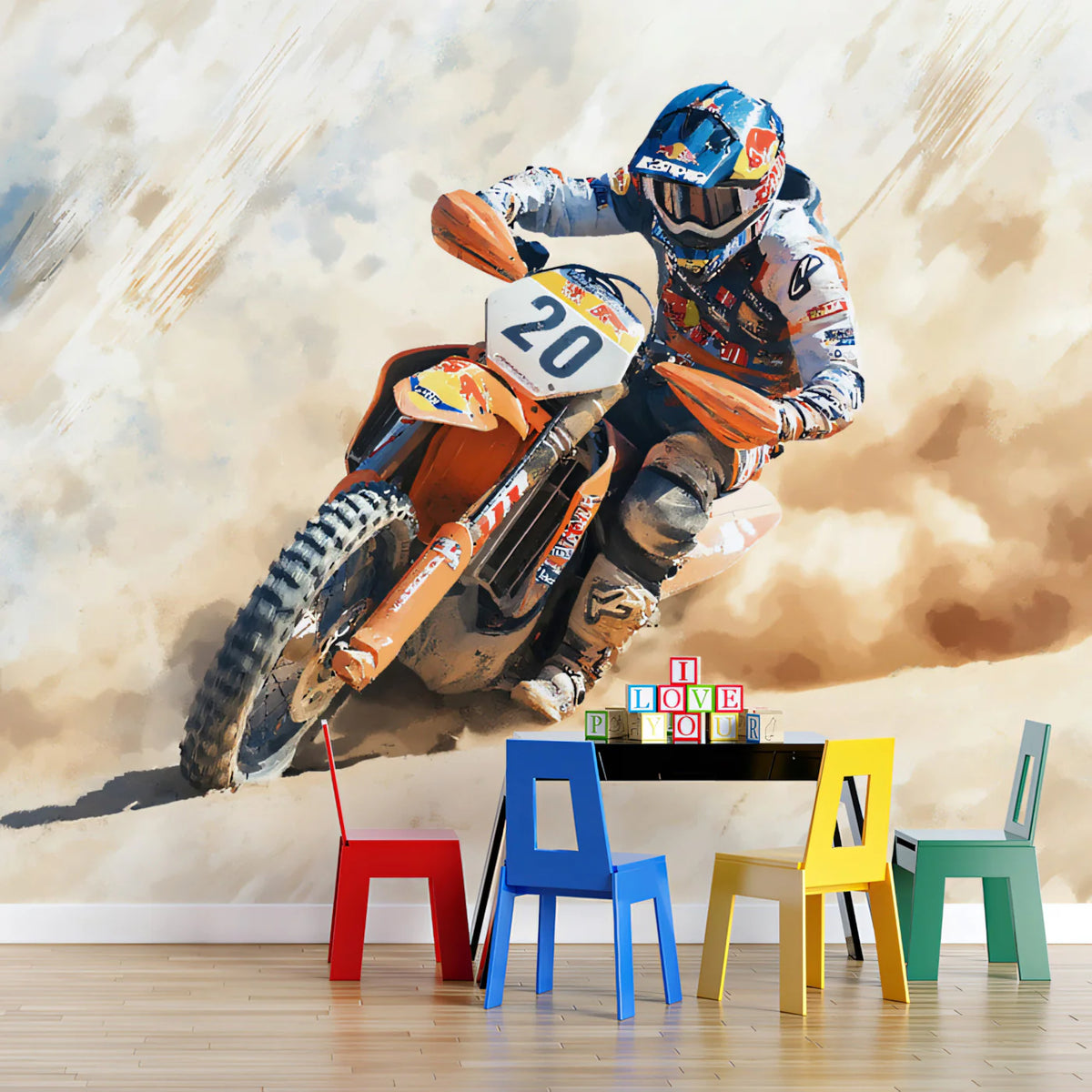 Desert Motocross Action Mural Wallpaper — High-Speed Artistic Decor Mural Wallpaper - room preview 02