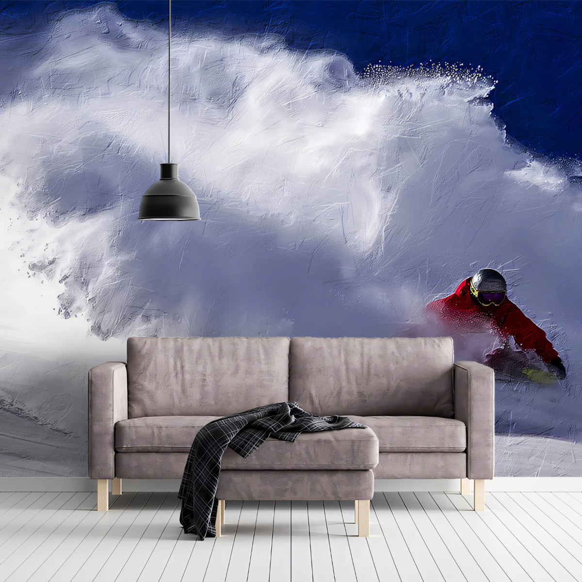 Snowboarder Carving Powder Mural Wallpaper — High-Impact Action Art Mural Wallpaper - room preview 02