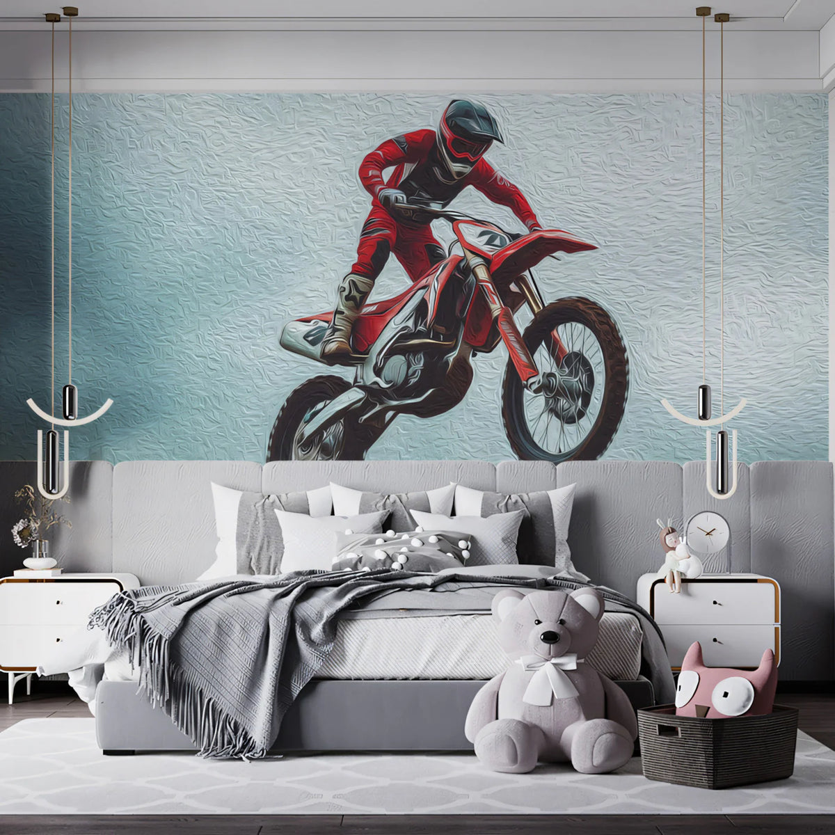 Motocross Air Jump Mural Wallpaper — Dynamic Oil Painting Style Mural Wallpaper - room preview 02