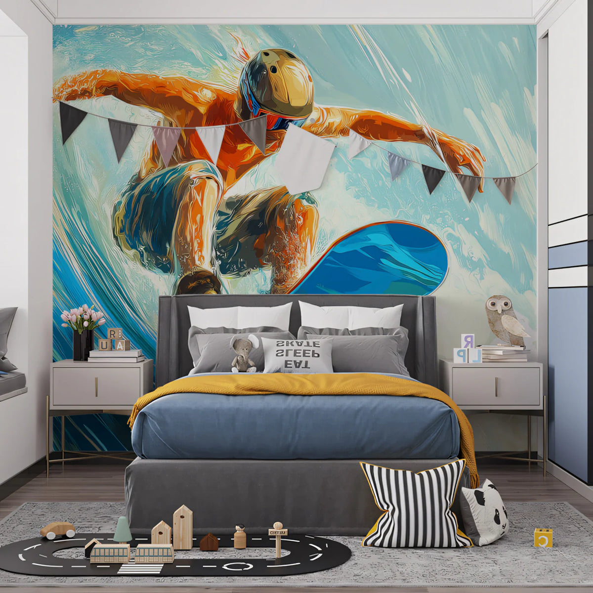 Snowboarder Big Wave Mural Wallpaper — Dynamic Action Sport Art Mural Wallpaper - room preview 02
