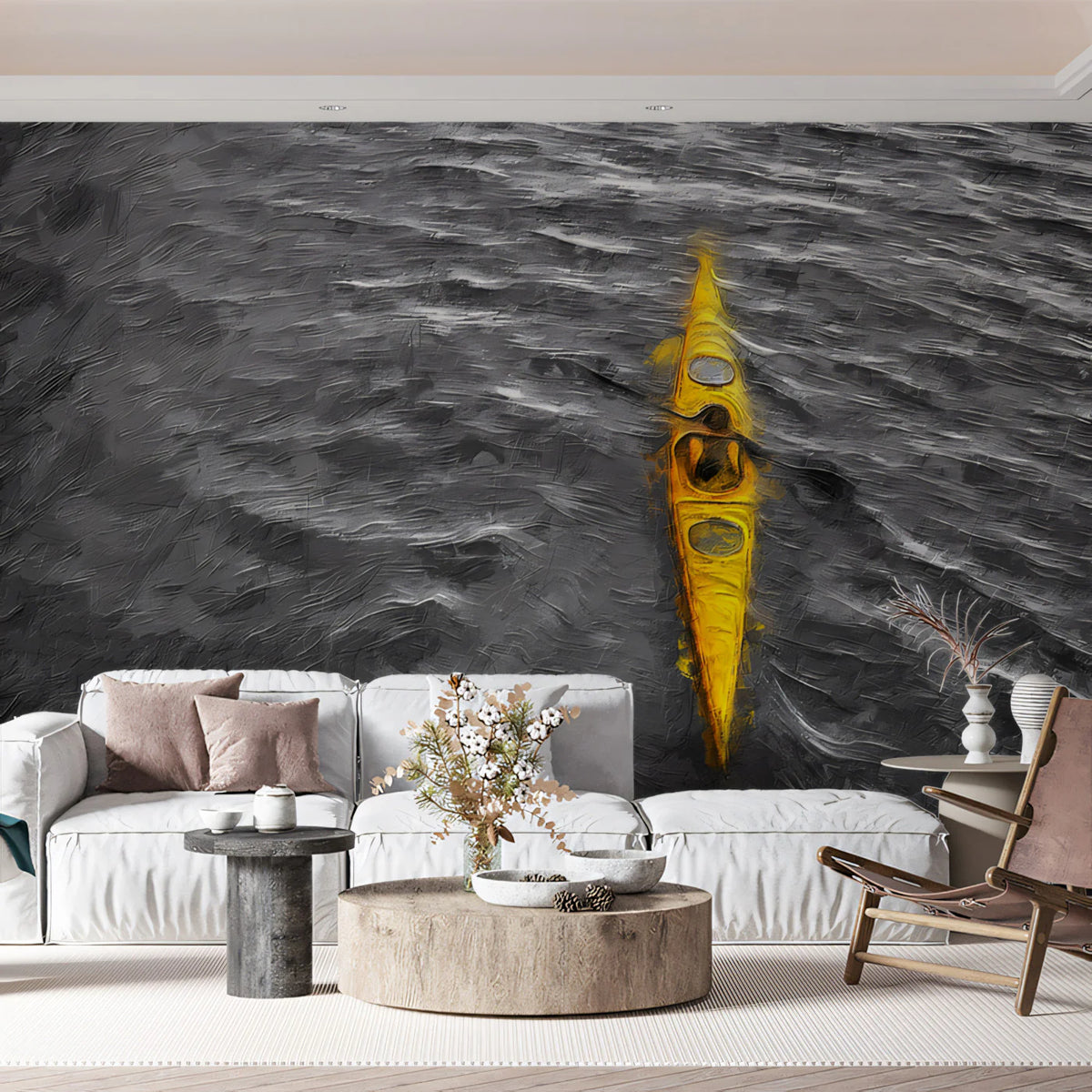 Solo Yellow Kayak Mural Wallpaper — Dramatic Oil Painting Style Mural Wallpaper - room preview 02