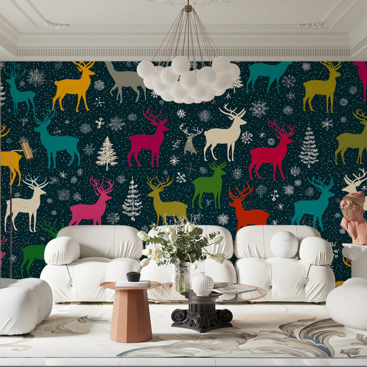 Winter Reindeer Forest Mural Wallpaper —Playful Holiday Pattern Mural Wallpaper - room preview 02