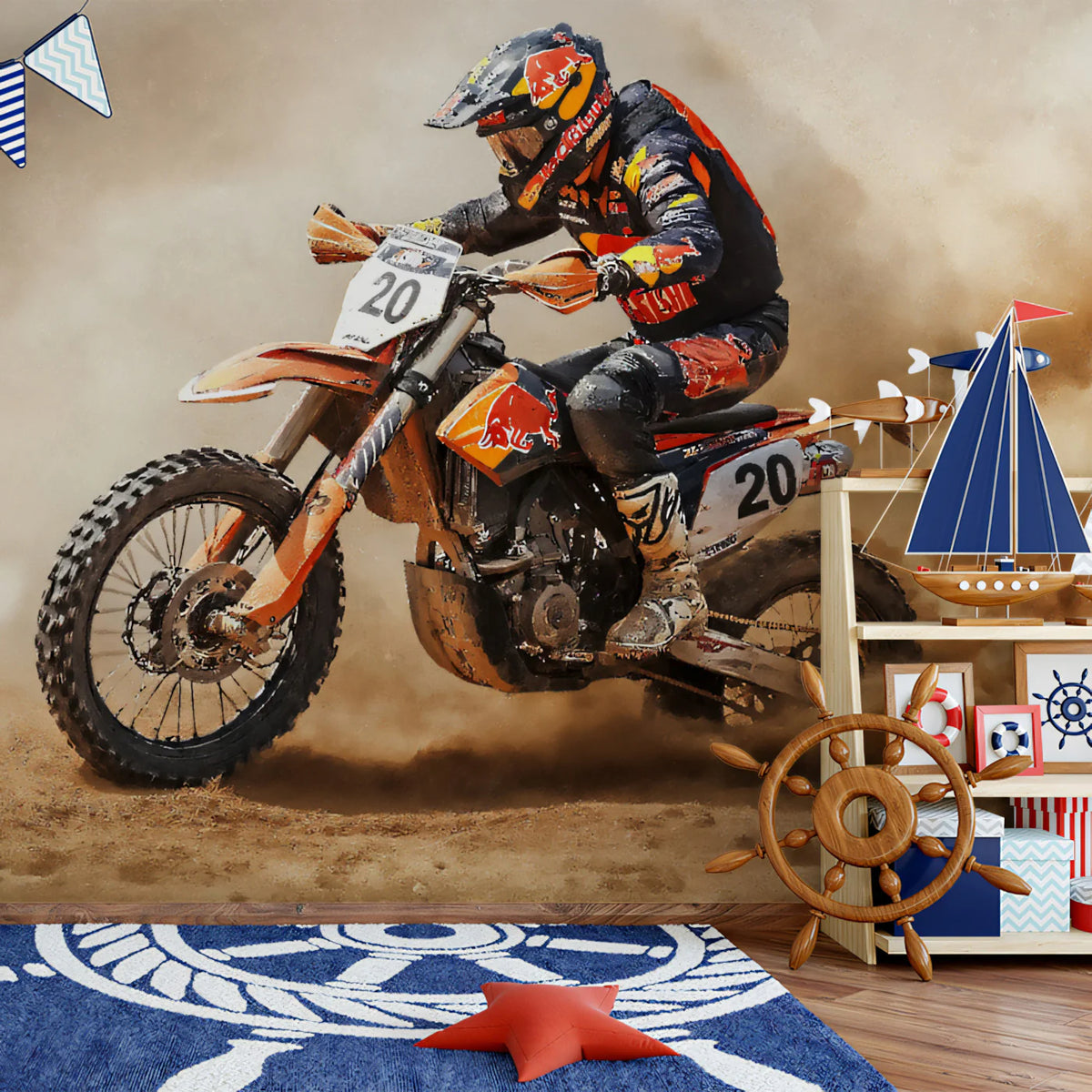 Desert Motocross Dust Trail Mural Wallpaper — High-Octane Action Mural Wallpaper - room preview 02