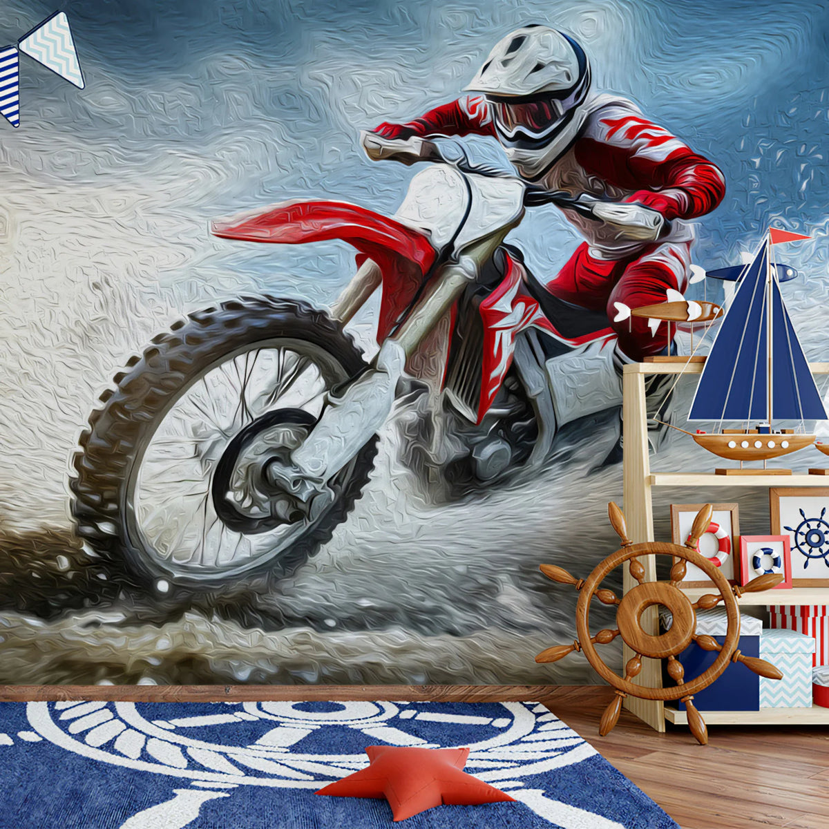 Motocross Action Oil Painting Mural Wallpaper — Dynamic Sports Art Mural Wallpaper - room preview 02