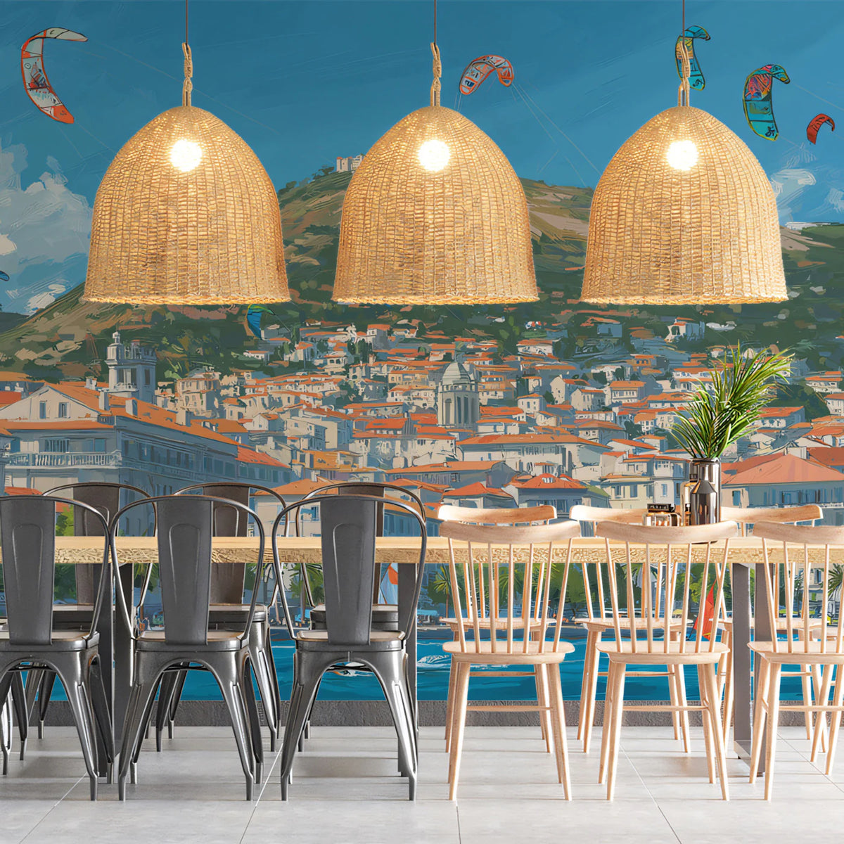 Mediterranean Coastal Town Mural Wallpaper — Artistic Hillside Village Mural Wallpaper - room preview 02