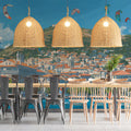 Mediterranean Coastal Town Mural Wallpaper — Artistic Hillside Village Mural Wallpaper - room preview 02