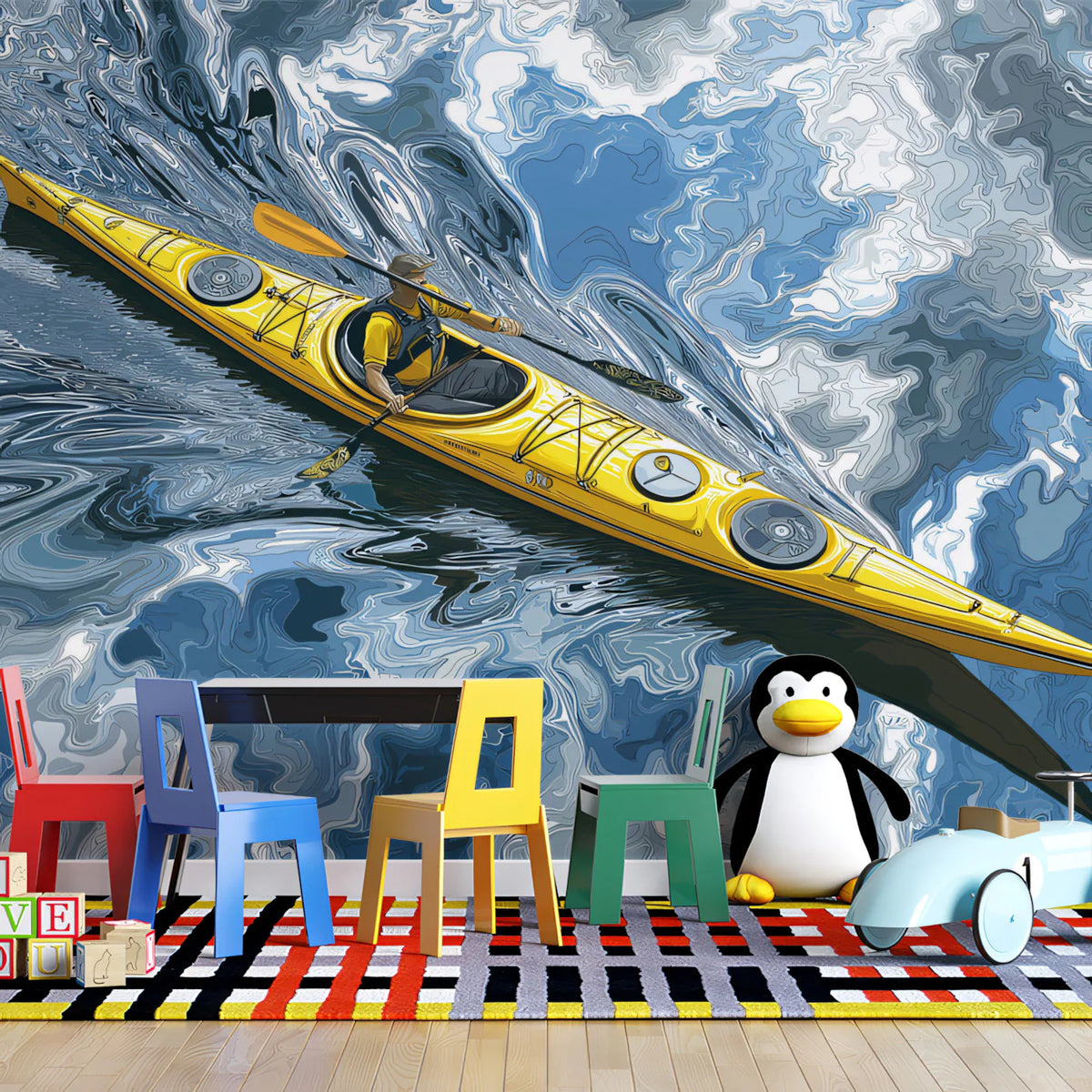 Kayaker on Swirling Waves Mural Wallpaper — Dynamic Vector Graphic Mural Wallpaper - room preview 02