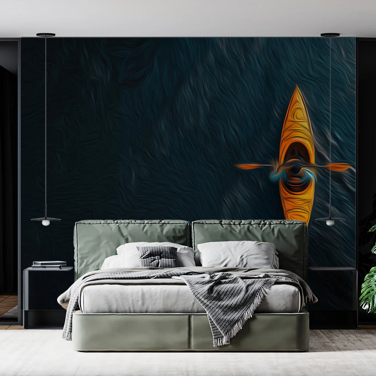 Solo Kayaker Oil Painting Mural Wallpaper — Expressive Water Motion Mural Wallpaper - room preview 02