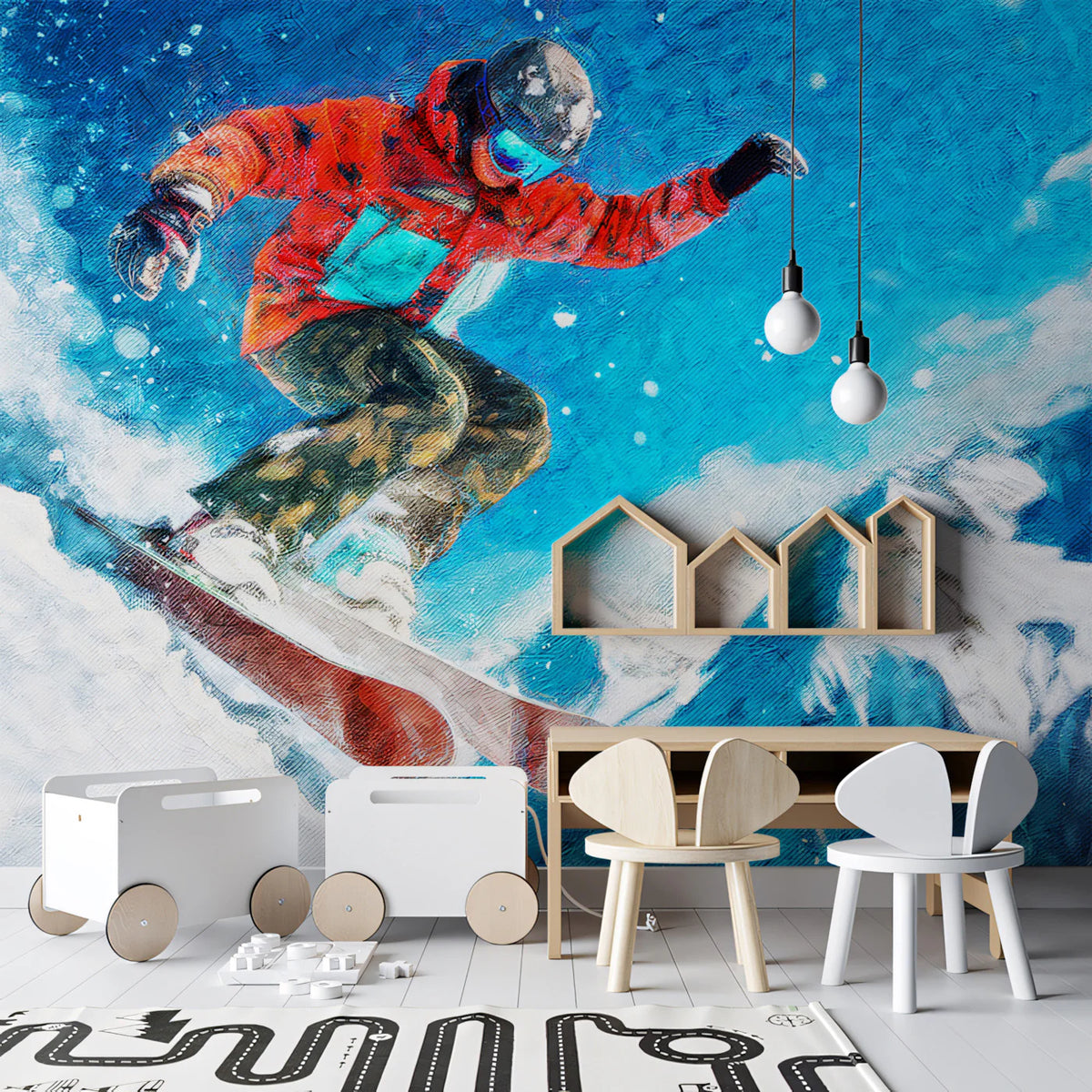 Snowboarder Action Oil Painting Mural Wallpaper — Expressive Winter Art Mural Wallpaper - room preview 02