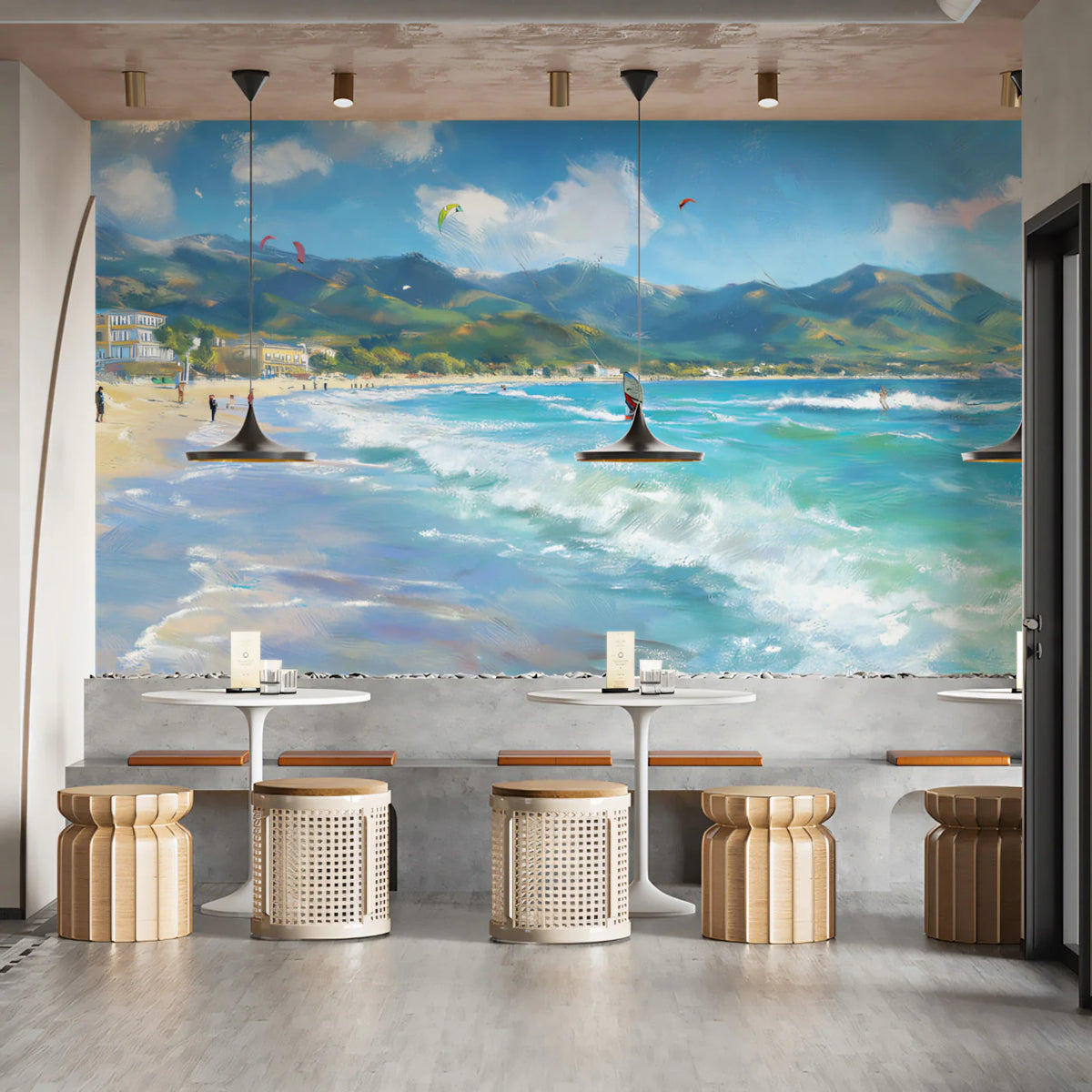 Mediterranean Coastal Windsurfing Mural Wallpaper — Impressionist Art Mural Wallpaper - room preview 02