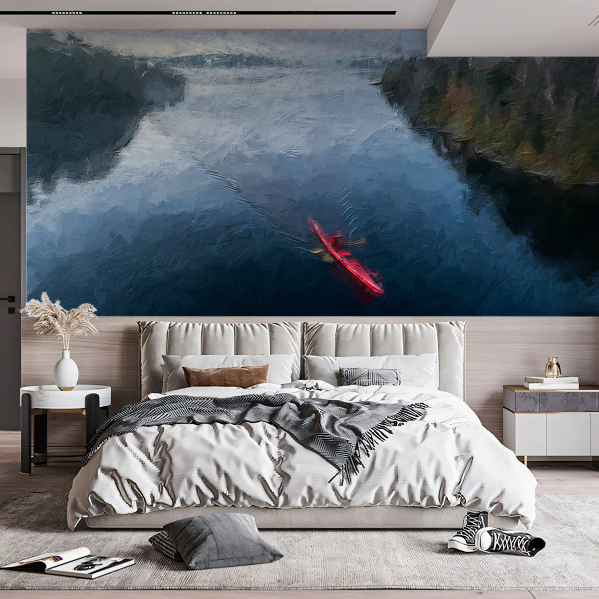 Red Kayak Forest River Mural Wallpaper Aerial View, Oil Painting, Moody Tones, Natural Landscape Mural Wallpaper - room preview 02