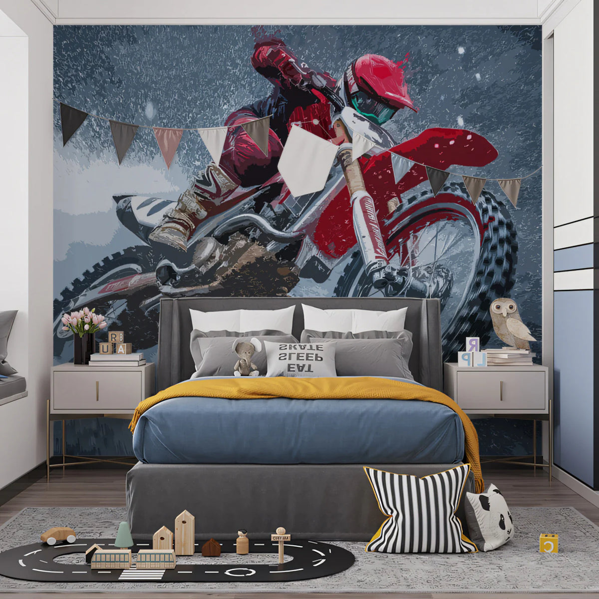 Motocross Action Mural Wallpaper — High-Octane Sport Illustration Mural Wallpaper - room preview 02