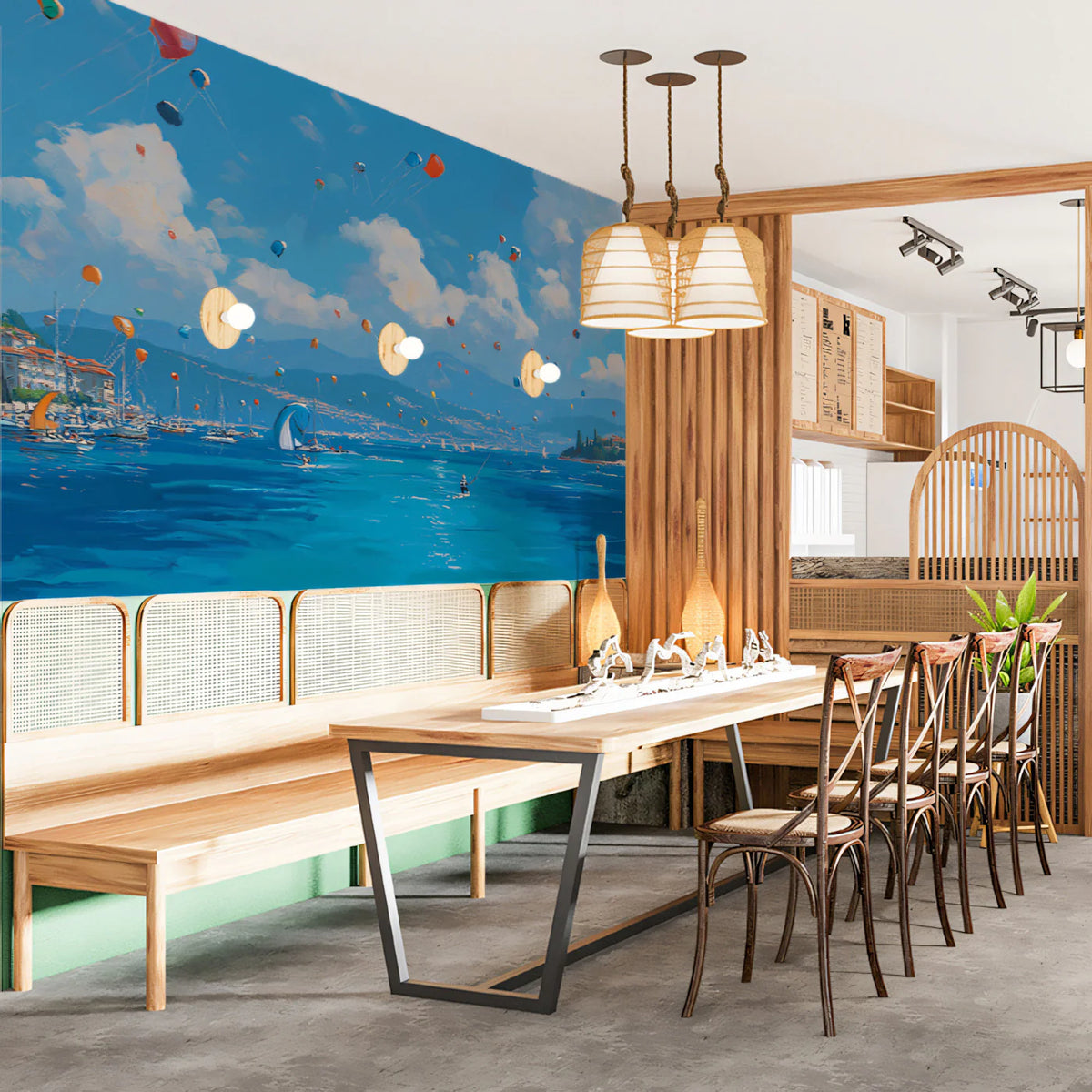 Mediterranean Kite Festival Mural Wallpaper — Coastal Oil Painting Mural Wallpaper - room preview 02