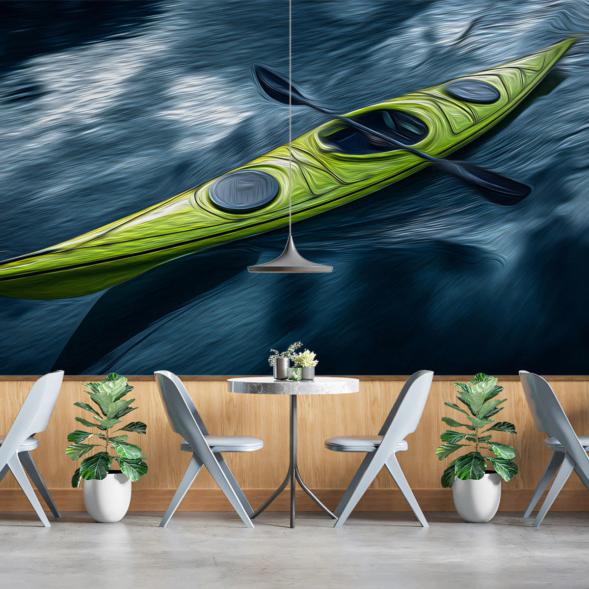 Neon Kayak on Dark Water Mural Wallpaper — Dynamic Oil Painting Mural Wallpaper - room preview 02