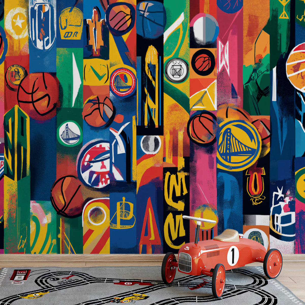 Basketball Collage Mural Wallpaper — Vibrant Pop Art Pattern Mural Wallpaper - room preview 02