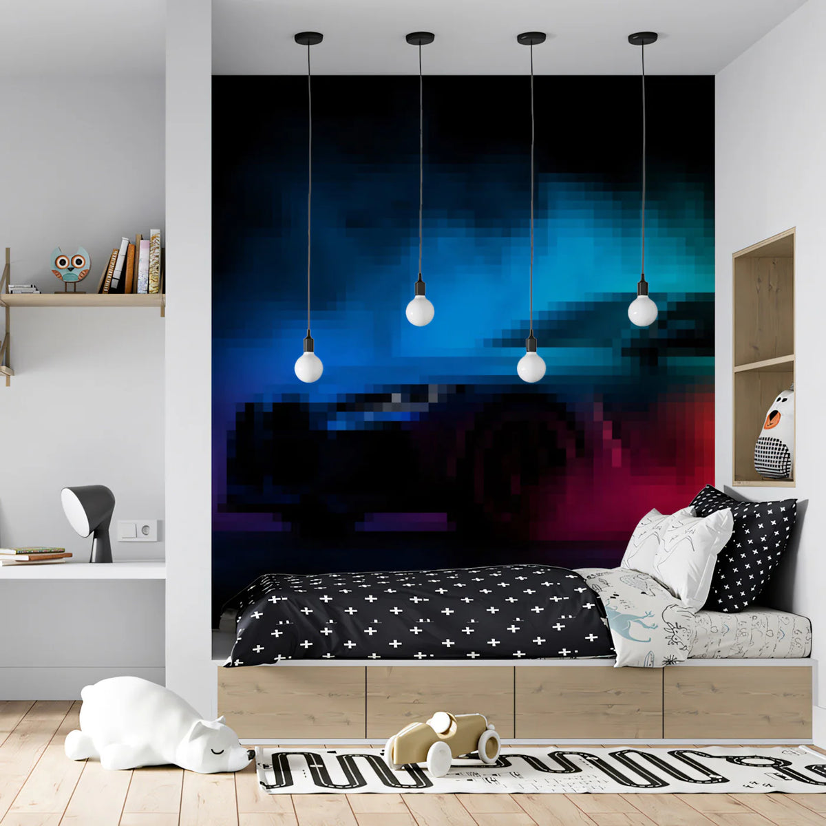 Neon Pixel Smoke Sports Car Mural Wallpaper — High-Octane Digital Mural Wallpaper - room preview 02