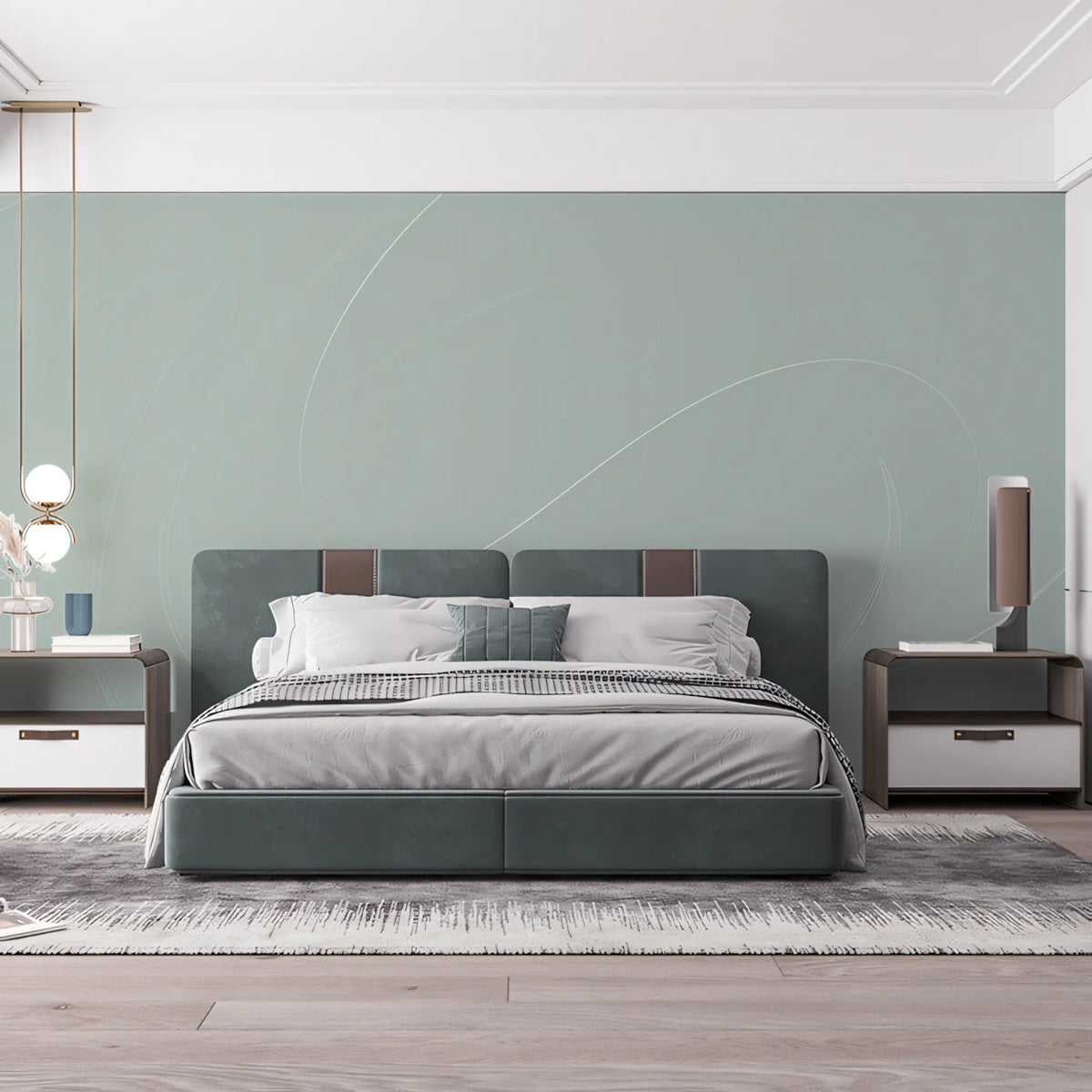 Minimalist Sage Swirl Mural Wallpaper — Fluid Line Art Mural Wallpaper - room preview 02