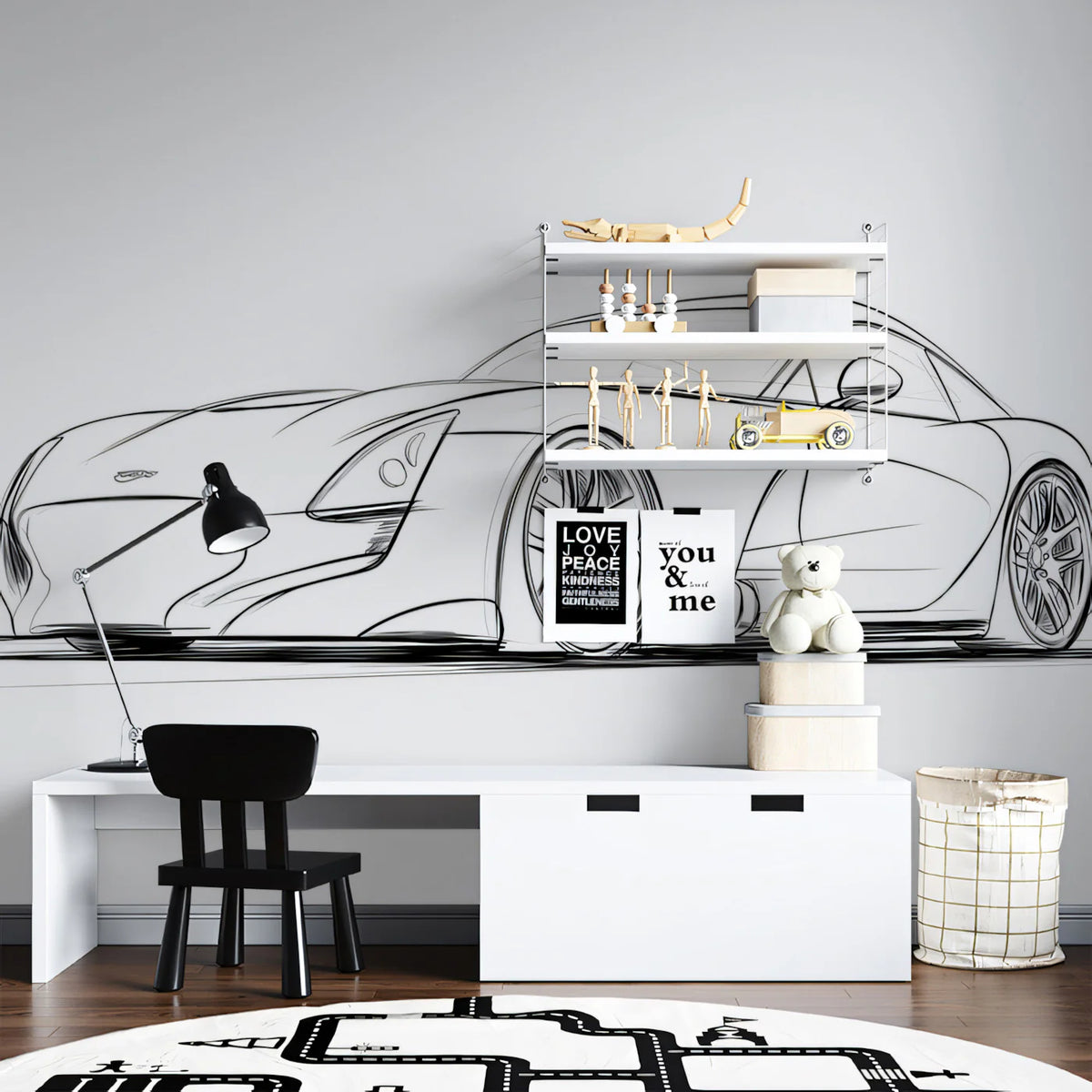 Sports Coupe Line Art Mural Wallpaper — Dynamic Minimalist Sketch Mural Wallpaper - room preview 02