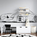 Sports Coupe Line Art Mural Wallpaper — Dynamic Minimalist Sketch Mural Wallpaper - room preview 02