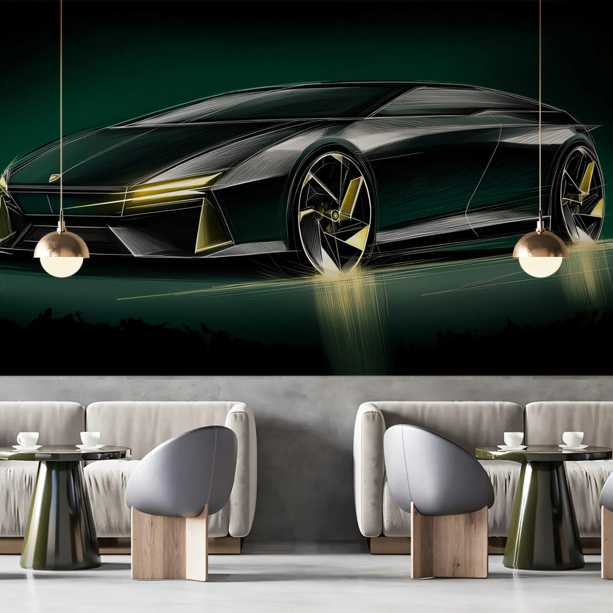 Futuristic Sports Car Sketch Mural Wallpaper —Modern Automotive Art Mural Wallpaper - room preview 02