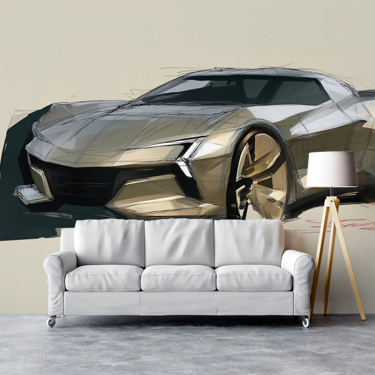 Automotive Concept Sportscar Sketch Mural Wallpaper - room preview 02