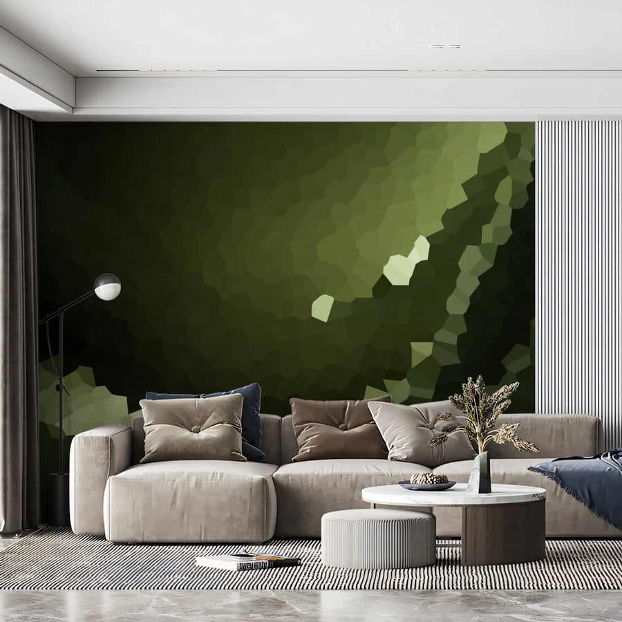 3D Wallpaper Mural – Optical Illusion Wall Mural – Abstract Olive Green Mosaic — Geometric Earthy Depth