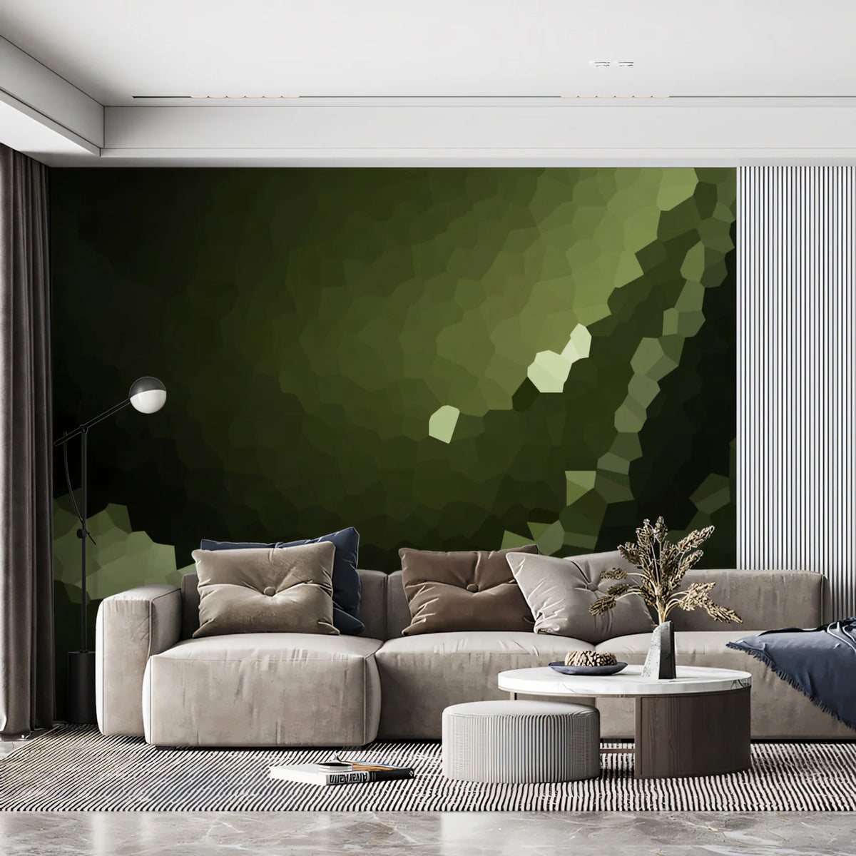 Abstract Olive Green Mosaic Mural Wallpaper — Geometric Earthy Depth Mural Wallpaper - room preview 02