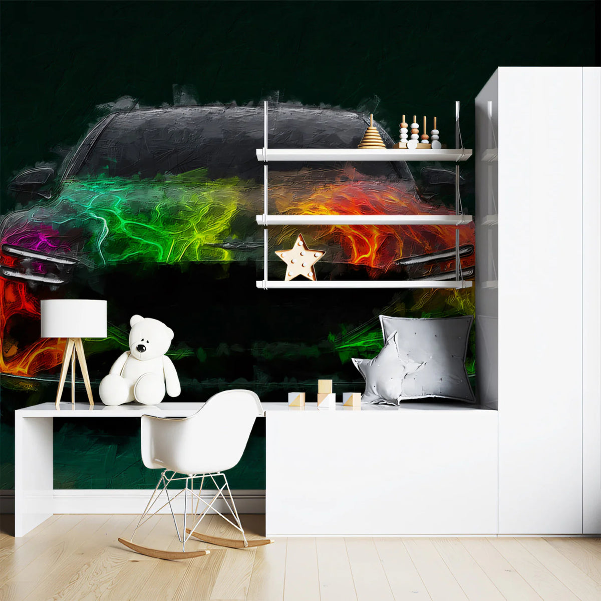 Neon Flame Luxury Car Mural Wallpaper — Abstract Artistic Energy Mural Wallpaper - room preview 02