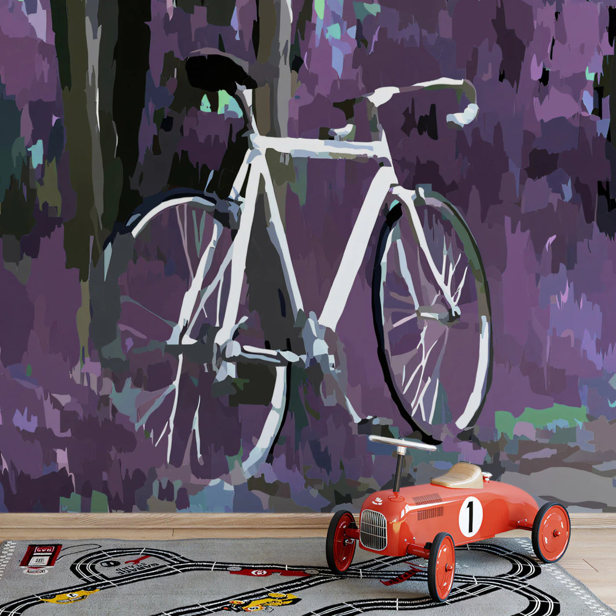 Abstract Bicycle Forest Mural Wallpaper — Surreal Violet Art Mural Wallpaper - room preview 02