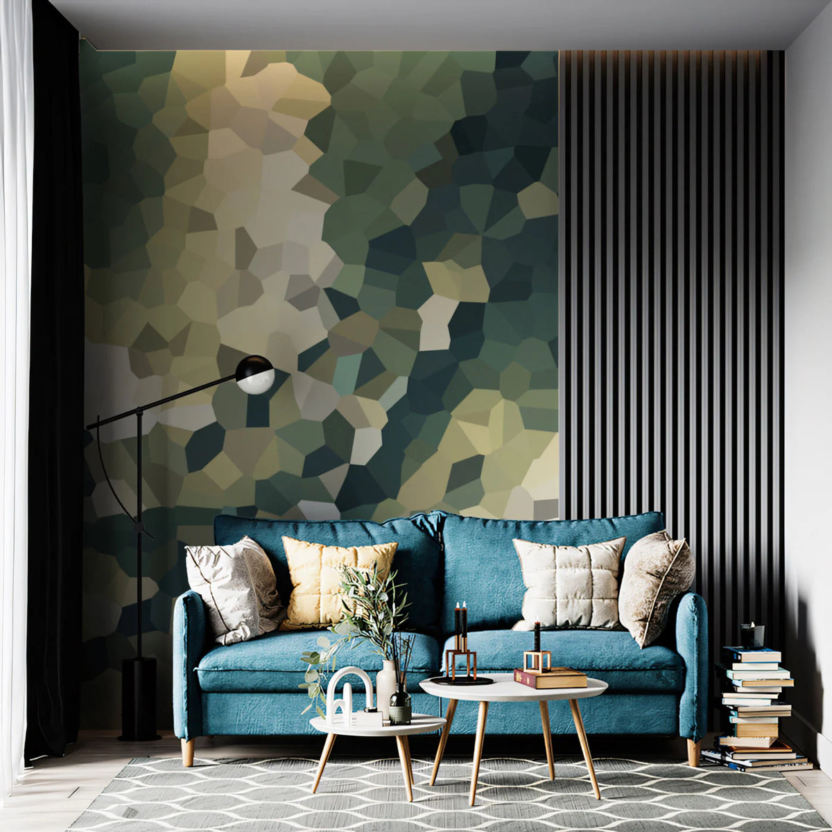 Abstract Geometric Mosaic Mural Wallpaper — Dark Teal and Ochre Mural Wallpaper - room preview 02